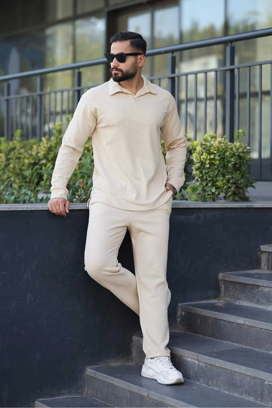 Petekli Alt Üst Pantolon ve Patlı Yakalı Erkek Sweat Takımı