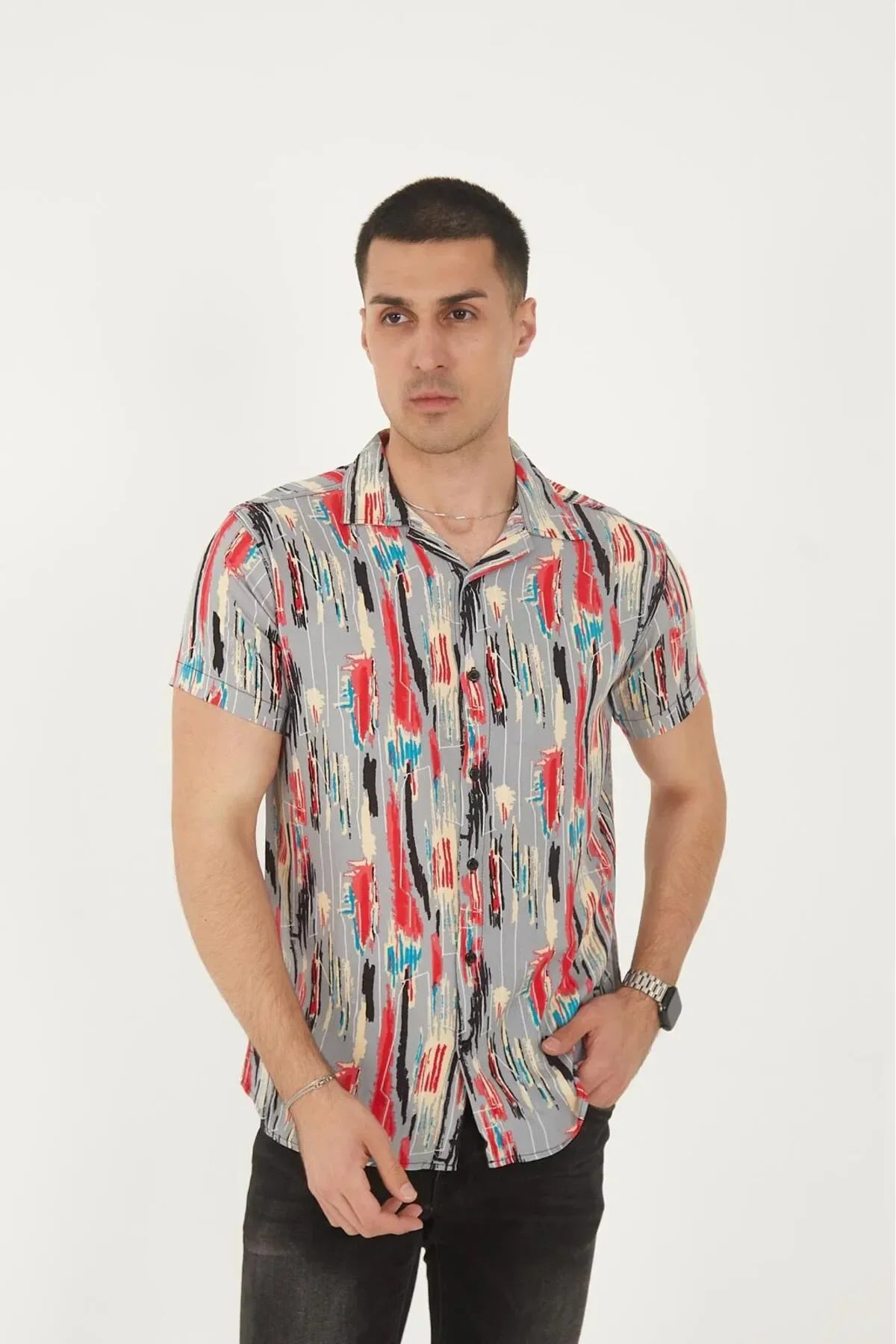 Erkek Apaş Yaka Desenli Viskon Gömlek